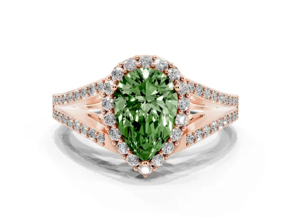 Fancy Green Pear Cut Halo Split Shank Pave Diamond Ring with Four-Prong Setting Rose gold