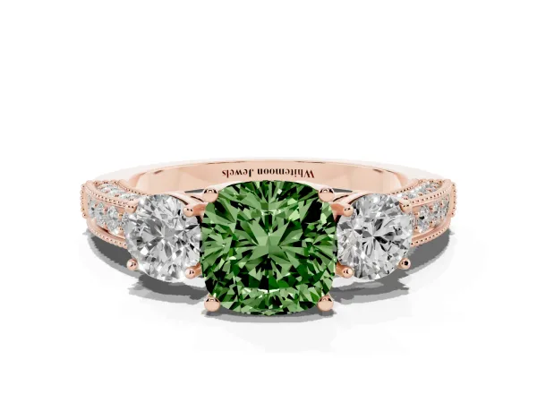 Fancy Green Cushion Cut Three-Stone Diamond Ring with Pavé Band and Four-Prong Setting Rose gold