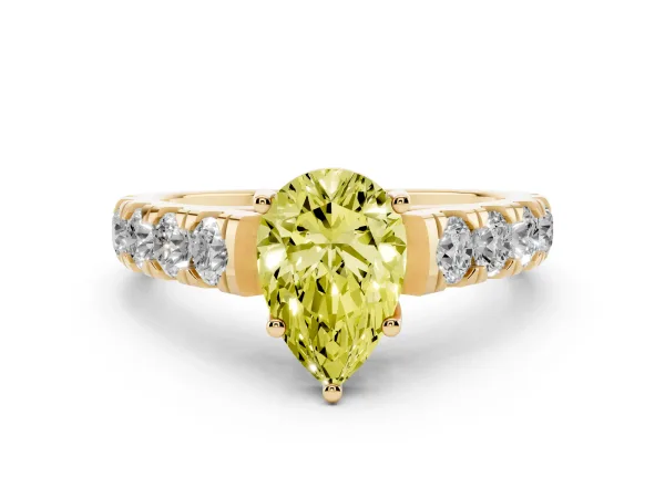 Fancy Yellow Pear Cut Cut Diamond Solitaire Ring with Micro Pave Band and Prong Setting Yellow gold