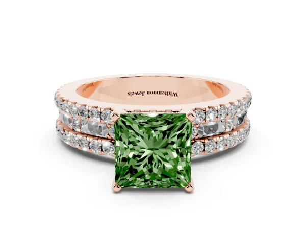 Fancy Green Princess Cut Diamond Solitaire Ring with Pavé and Channel Set Band Rose gold