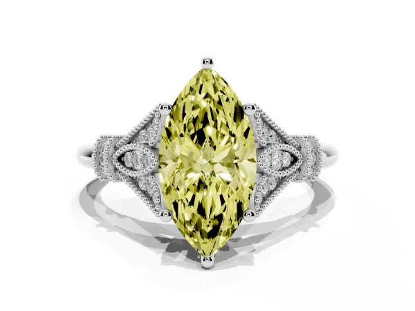 Fancy Yellow Marquise Cut Diamond Solitaire Ring with Floral Filigree and Pave Accents Platinum