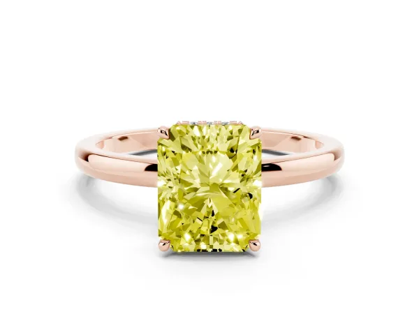 Fancy Yellow Radiant Cut Solitaire Engagement Ring with Cathedral Band and Four-Prong Setting Rose gold