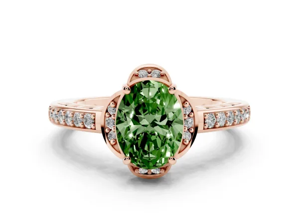 Fancy Green Oval Cut Cut Halo Diamond Ring with Channel Set Band and Four-Prong Setting Rose gold