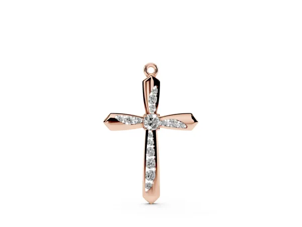Gold Cross Pendant with Round Cut Stones and Prong Setting Rose gold