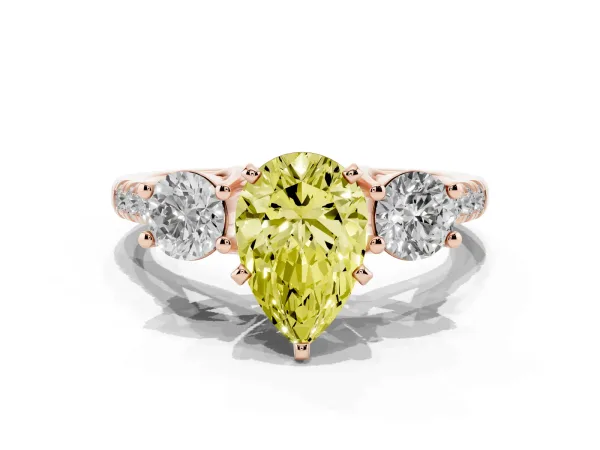 Fancy Yellow Three-Stone Pear Cut Diamond Pavé Band with Four-Prong Setting Rose gold