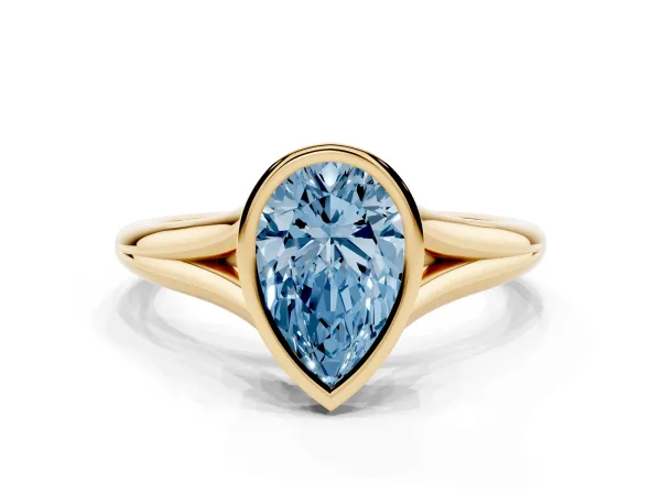 Fancy Blue Bezel Set Pear Cut Cut Solitaire Ring with Tapered Band Yellow gold