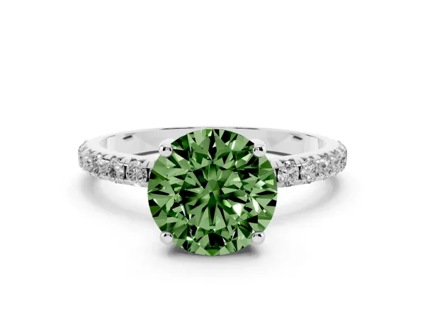Fancy Green Round Cut Cut Diamond Solitaire Ring with Micro Pave Band and Four Prong Setting White gold