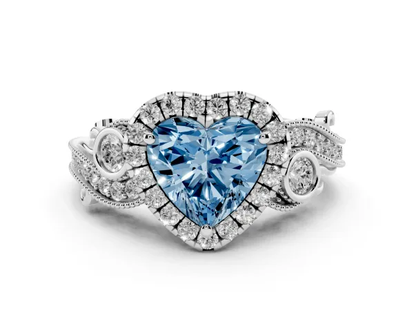 Fancy Blue Heart Cut Halo Diamond Ring with Milgrain and Bezel Accents on a Split Shank Band Platinum