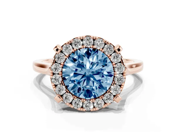Fancy Blue Round Cut Diamond Cluster Halo Solitaire with Four-Prong Setting Rose gold