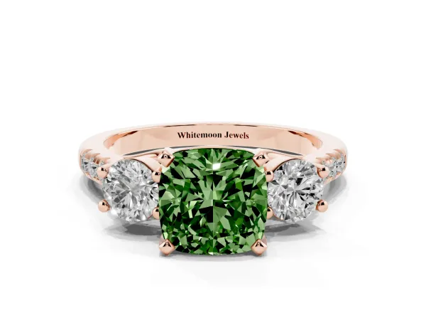Fancy Green Three-Stone Cushion Cut Diamond Pavé Band with Four-Prong Setting Rose gold