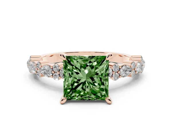 Fancy Green Princess Cut Diamond Side Stone Solitaire Ring with Round and Four-Prong Setting Rose gold