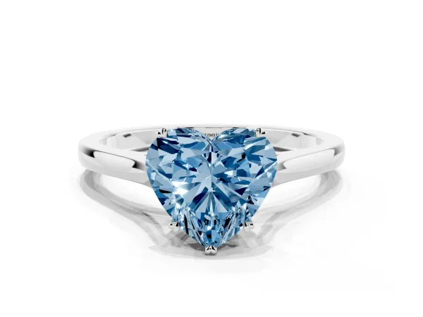 Fancy Blue Heart Cut Solitaire Heart Prong Engagement Ring with Tapered Band White gold