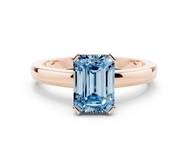 Fancy Blue Emerald Cut Cut Solitaire Ring with Four-Prong Setting and Classic Band Rose gold