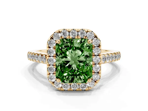 Fancy Green Radiant Cut Halo Pave Diamond Engagement Ring with Four-Prong Setting Yellow gold
