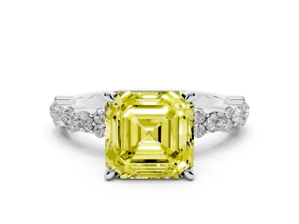 Fancy Yellow Asscher Cut Diamond Side Stone Solitaire Ring with Round and Four-Prong Setting White gold