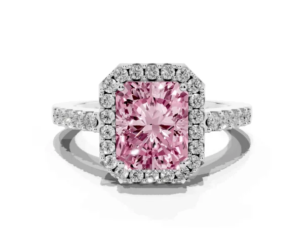 Fancy Pink Radiant Cut Halo Diamond Pavé Solitaire Ring White gold