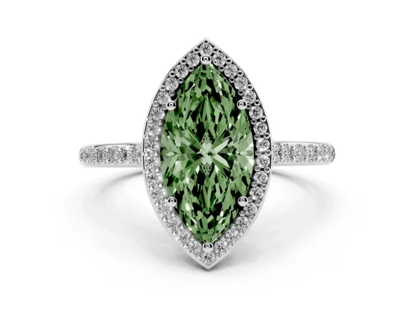 Fancy Green Marquise Cut Diamond Halo Engagement Ring with Round Pavé Shoulders and Prong Setting White gold
