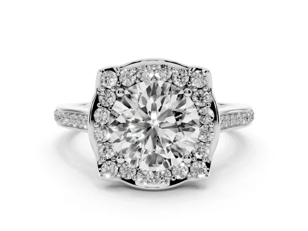 Round Cut Halo Round Diamond Pave Band with Four-Prong Setting Platinum