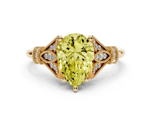 Fancy Yellow Pear Cut Diamond Solitaire Ring with Floral Filigree and Pave Accents Yellow gold
