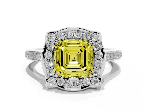 Fancy Yellow Asscher Cut Halo Round Diamond Pave Band with Four-Prong Setting Platinum