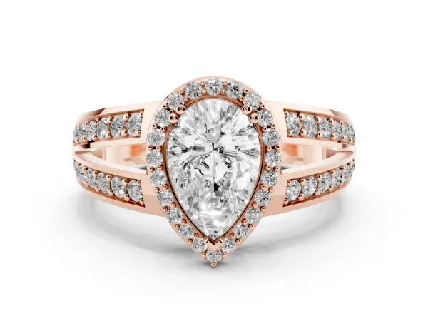 Pear Cut Diamond Halo Ring with Split Shank Pavé Band and Four-Prong Setting Rose gold