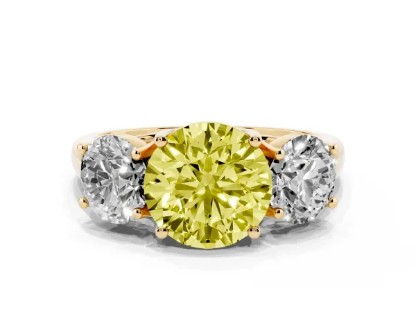 Fancy Yellow Three-Stone Round Cut Diamond Engagement Ring with Prong Setting Yellow gold