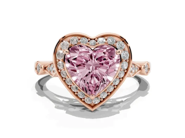 Fancy Pink Heart Cut Halo Diamond Engagement Ring with Twisted Band and Four-Prong Setting Rose gold