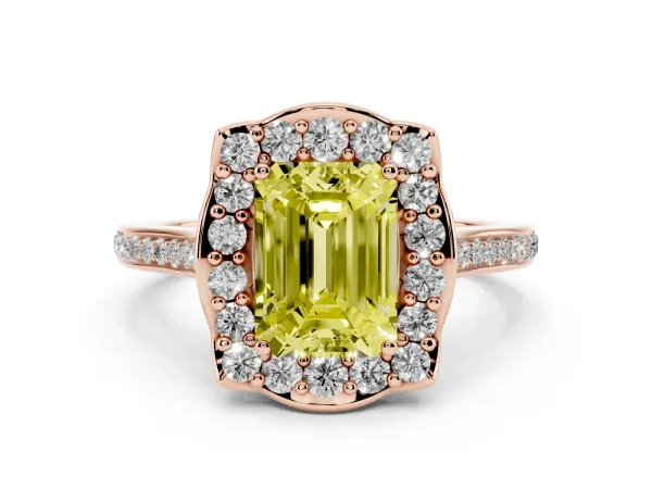 Fancy Yellow Emerald Cut Halo Round Diamond Pave Band with Four-Prong Setting Rose gold