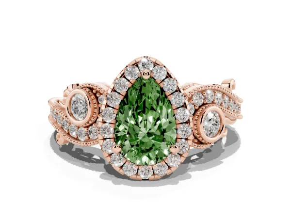 Fancy Green Pear Cut Halo Diamond Ring with Milgrain and Bezel Accents on a Split Shank Band Rose gold