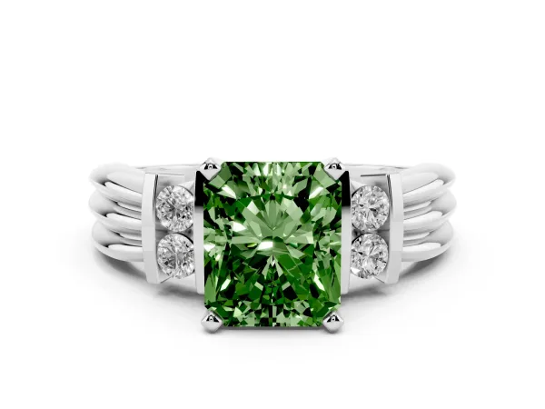 Fancy Green Radiant Cut Cut Three-Stone Channel Set Ring with Bar Prongs White gold