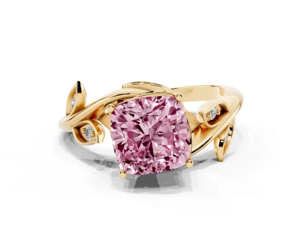 Fancy Pink Cushion Cut Solitaire Twist Engagement Ring with Leaf Accents and Prong Setting Yellow gold
