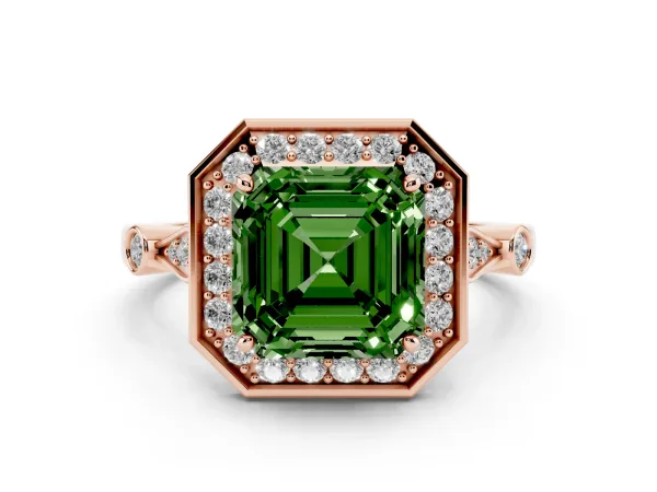 Fancy Green Asscher Cut Halo Diamond Engagement Ring with Twisted Band and Four-Prong Setting Rose gold