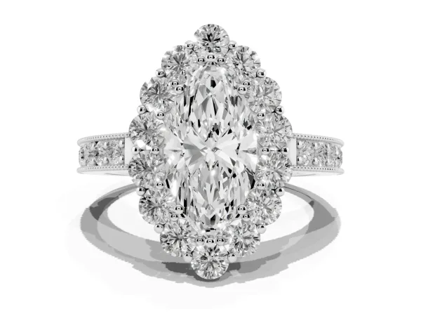 Marquise Cut Cut Halo Diamond Pavé Engagement Ring with Milgrain Detailing Platinum