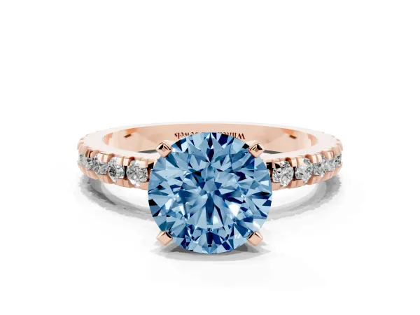 Fancy Blue Round Cut Diamond Pavé Band Solitaire with Four-Prong Setting Rose gold