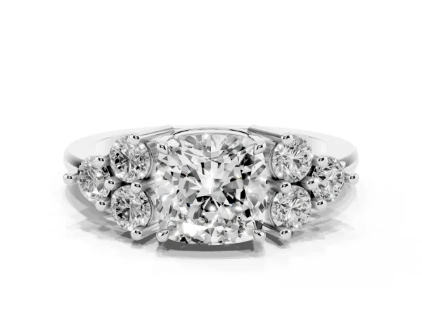 Cushion Cut Brilliant Diamond Cluster Accent Solitaire Ring with Prong Setting White gold