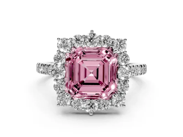 Fancy Pink Asscher Cut Halo Diamond Ring with Pavé Band and Prong Setting White gold