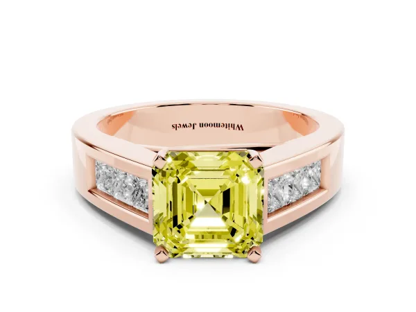 Fancy Yellow Asscher Cut Cut Channel Set Solitaire Ring with Four-Prong Setting Rose gold