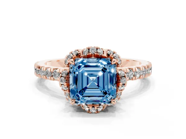 Fancy Blue Asscher Cut Halo Diamond Pave Band Ring with Four-Prong Setting Rose gold