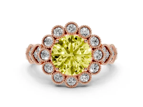 Fancy Yellow Round Cut Brilliant Milgrain Pave Heart Band Solitaire Ring Rose gold