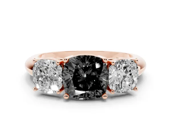 Fancy Black Three-Stone Cushion Cut Cut Diamond Engagement Ring with Prong Setting on a White Gold Band Rose gold
