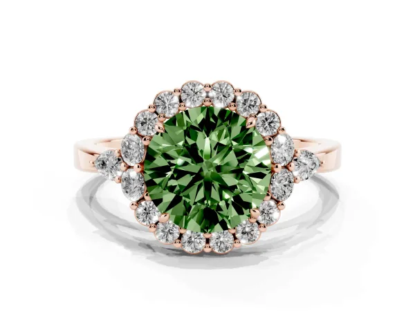 Fancy Green Round Cut Diamond Halo Ring with Pear Side Stones and Prong Setting Rose gold
