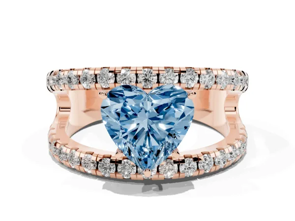 Fancy Blue Heart Cut Solitaire Split Shank Pave Diamond Ring Rose gold