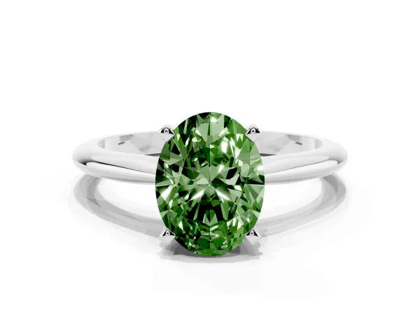 Fancy Green Oval Cut Cut Solitaire Ring with Four-Prong Setting on a Classic Band Platinum