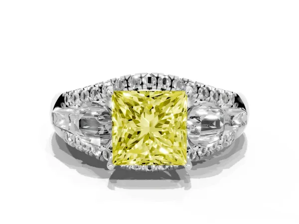 Fancy Yellow Three-Stone Princess Cut Diamond Engagement Ring with Pave Band and Prong Setting Platinum