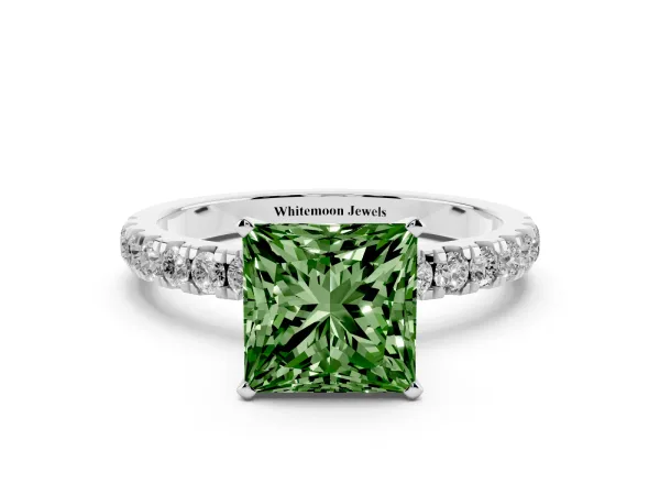 Fancy Green Princess Cut Diamond Solitaire Ring with Pavé Accents and Four-Prong Setting White gold