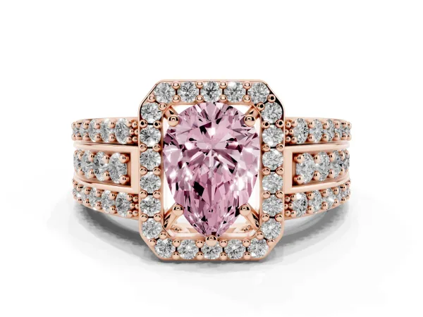 Fancy Pink Pear Cut Halo Diamond Ring with Round Split Shank and Prong Setting Rose gold
