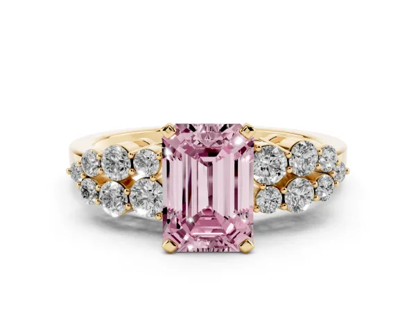 Fancy Pink Emerald Cut Cluster Diamond Engagement Ring with Pavé Band and Four-Prong Setting Yellow gold