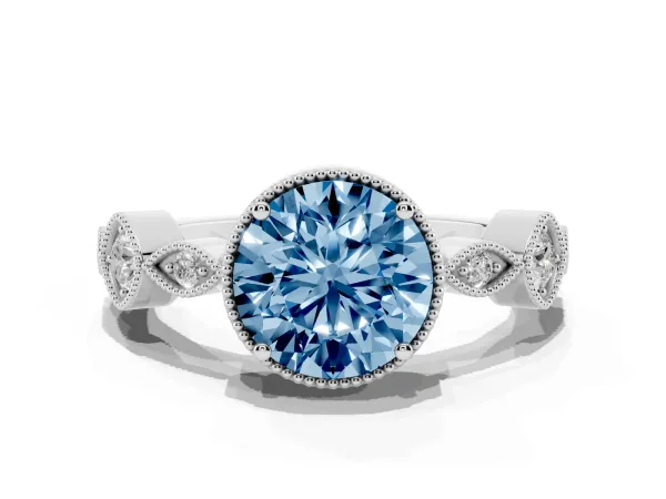 Fancy Blue Round Cut Diamond Vintage Milgrain Ring with Round Stations White gold