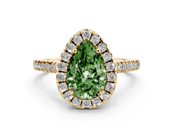 Fancy Green Pear Cut Diamond Cushion Halo Ring with Pavé Band Yellow gold