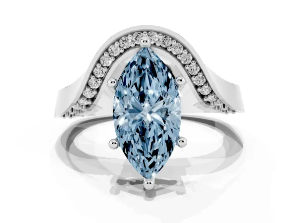 Fancy Blue Marquise Cut Solitaire Diamond Engagement Ring with Pave Band and Four-Prong Setting Platinum